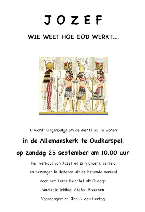 “Jozef – verteld en gezongen” op 25 september in de Allemanskerk in Oudkarspel