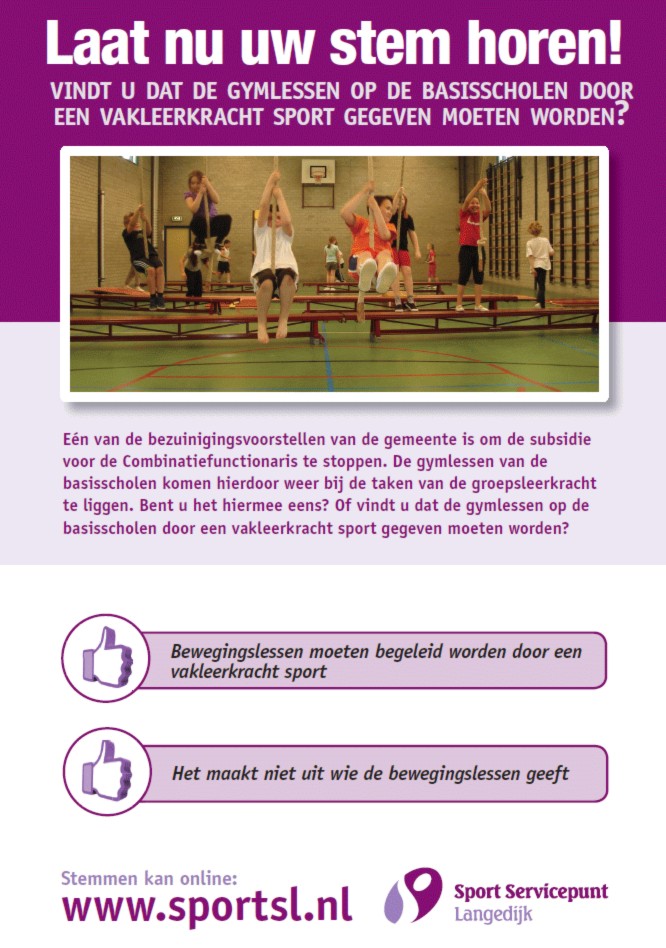 Vakleerkracht Sport of groepsleerkracht voor beweegonderwijs in Langedijk?