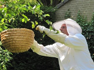 Imker Dick Bink uit Heerhugowaard is bezig met het scheppen van een bijenvolk