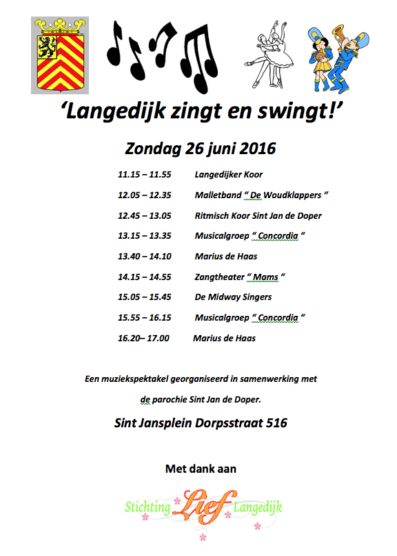 Muziekspektakel 'Langedijk zingt en swingt' op zondag 26 juni