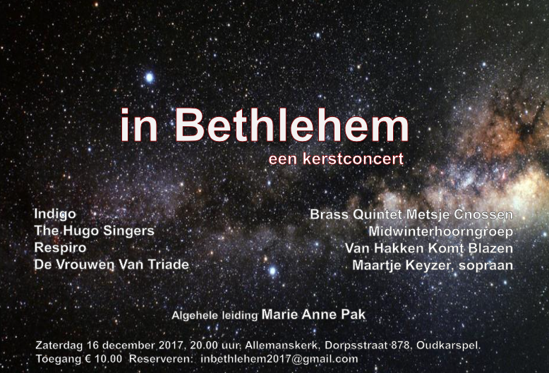 Kerstconcert IN BETHLEHEM in Allemanskerk op 16 december